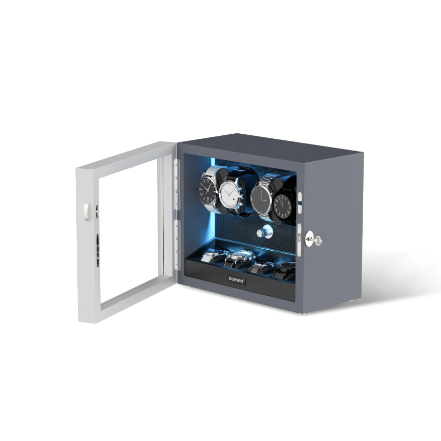 Automatic 4 Watch Winder with 4 Storage Slots, LED Display, Gray Textured Finish