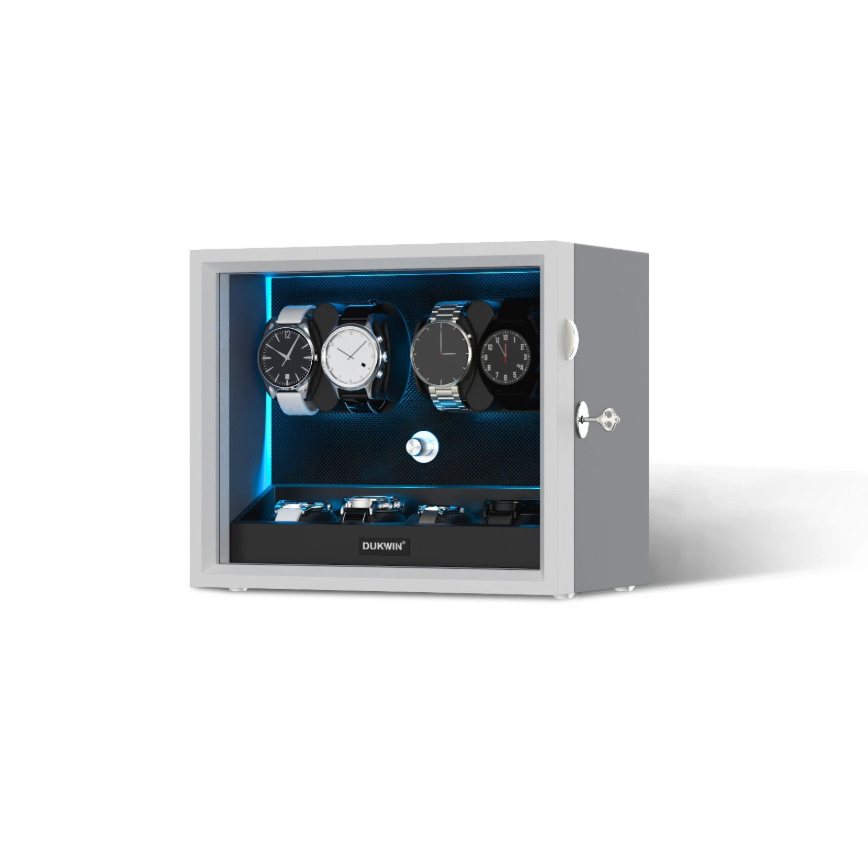 Automatic 4 Watch Winder with 4 Storage Slots, LED Display, Gray Textured Finish