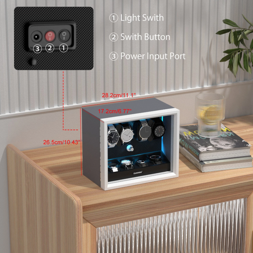 Automatic 4 Watch Winder with 4 Storage Slots, LED Display, Gray Textured Finish