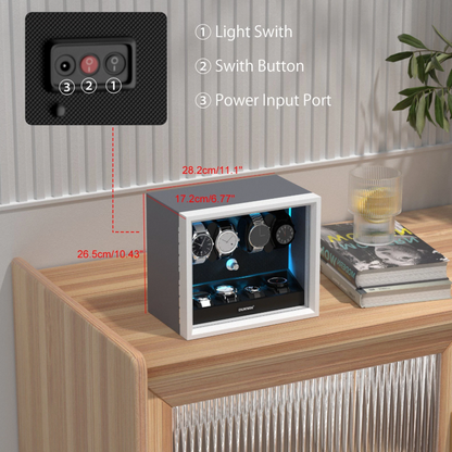 Automatic 4 Watch Winder with 4 Storage Slots, LED Display, Gray Textured Finish
