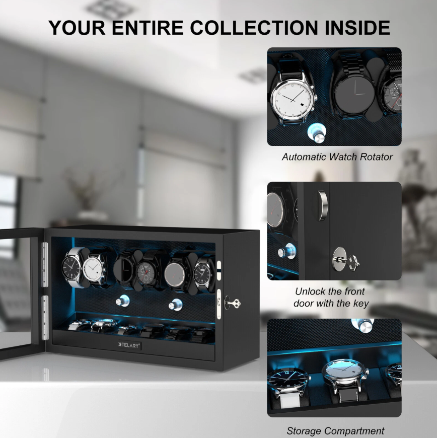 Automatic Watch Winder for 6 Watches with 6 Storage Slots and Blue LED Light